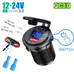 QC3.0 PD USB Car Charger Waterproof With Voltmeter Switch Fast Charge Adapter 12/24V Cigarette Lighter Socket Car Accessories