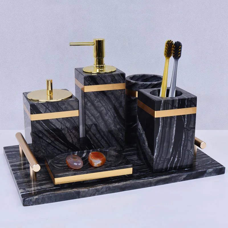 Luxury Marble Bathroom Accessory 5-Piece Set, European Washroom Vanity Kit, High-End Tray & Tissue Box