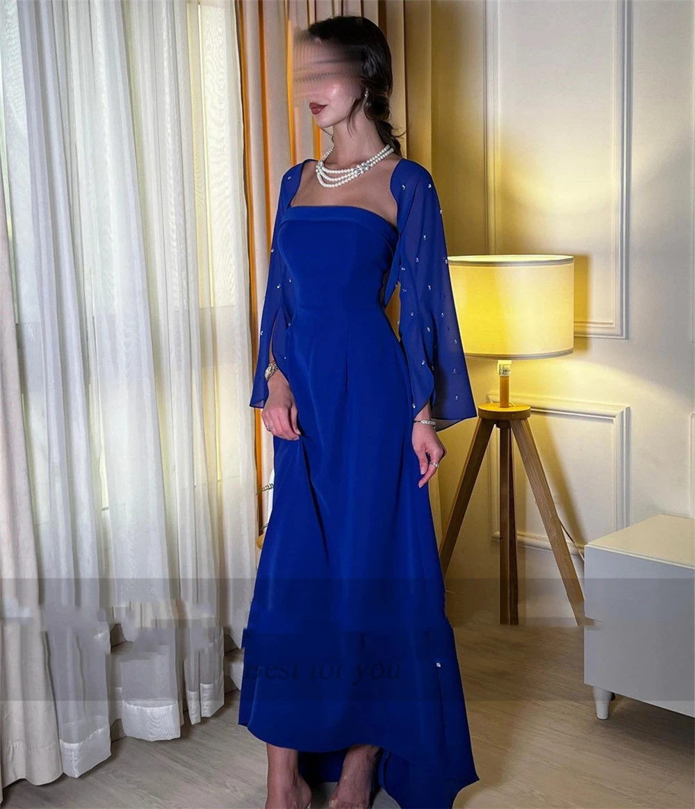 Custom Royal Blue Chiffon Sweetheart Prom Evening Dress For Women Long Sleeves A-LINE Floor-Length