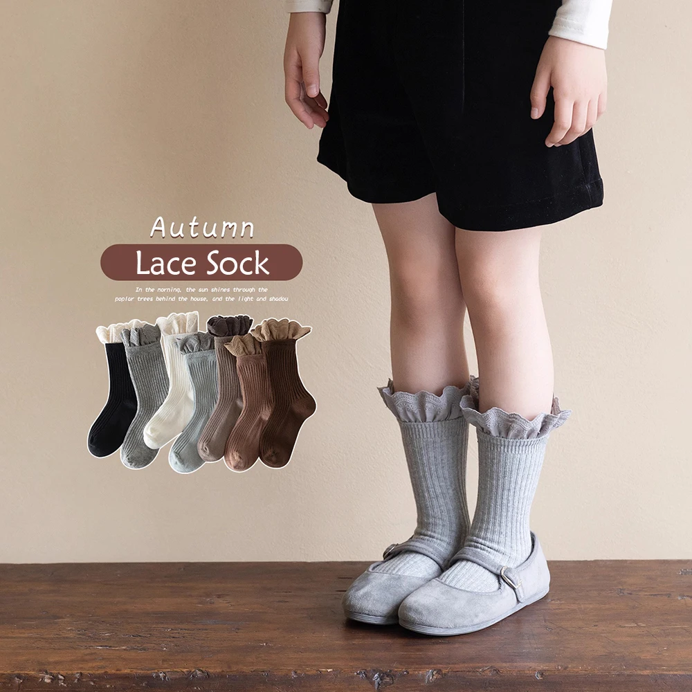 Ins Fashion Children Socks With Lace Princess Girls Mid Tube Sock Soft Baby Toddlers Infant Socken Kids School 1-10Year
