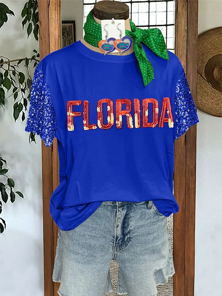 Classic Florida Sequin Panel Top Woman Gameday T-Shirts