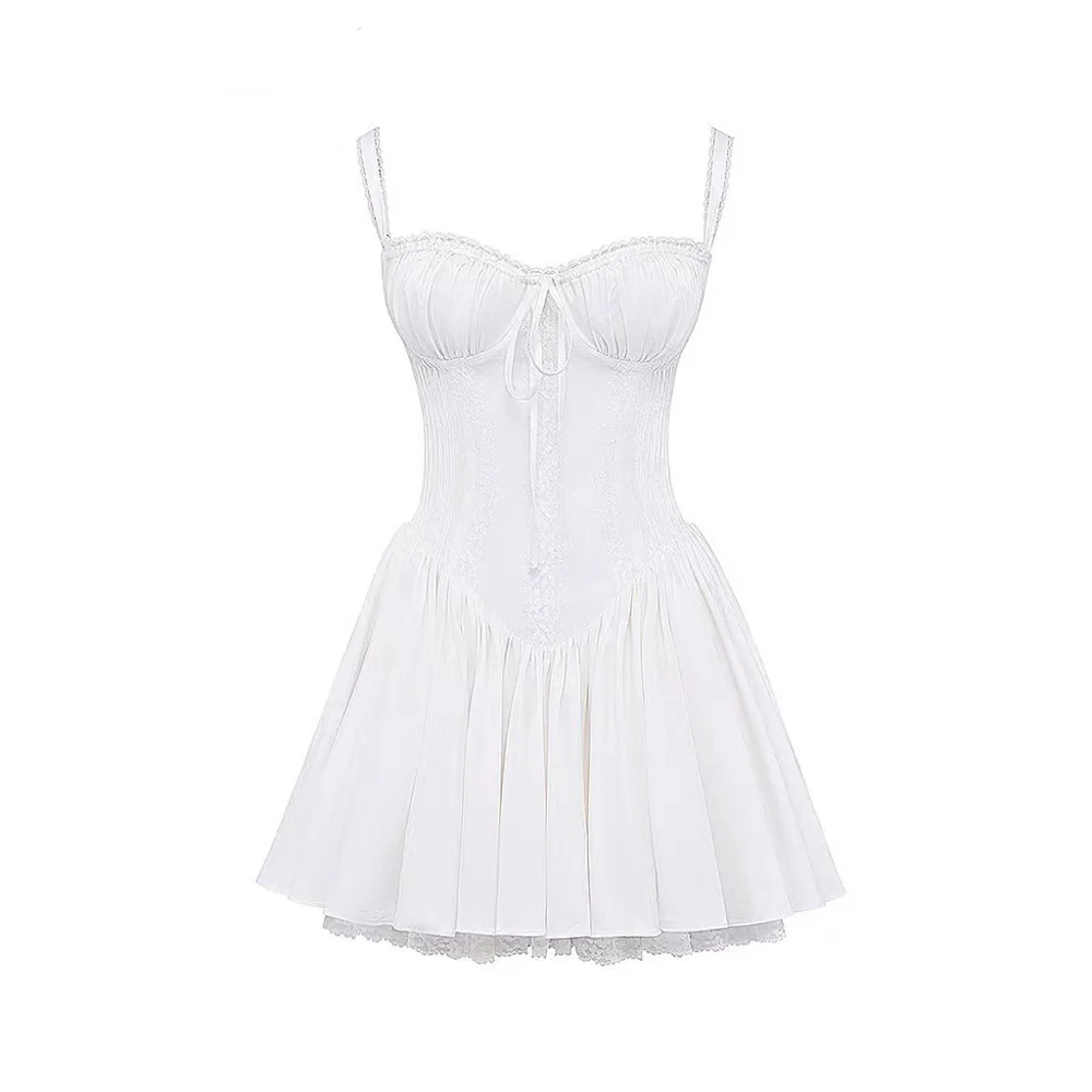 Princess style elegant and sweet white suspender waist large skirt tube top lace strap mini fishbone dress