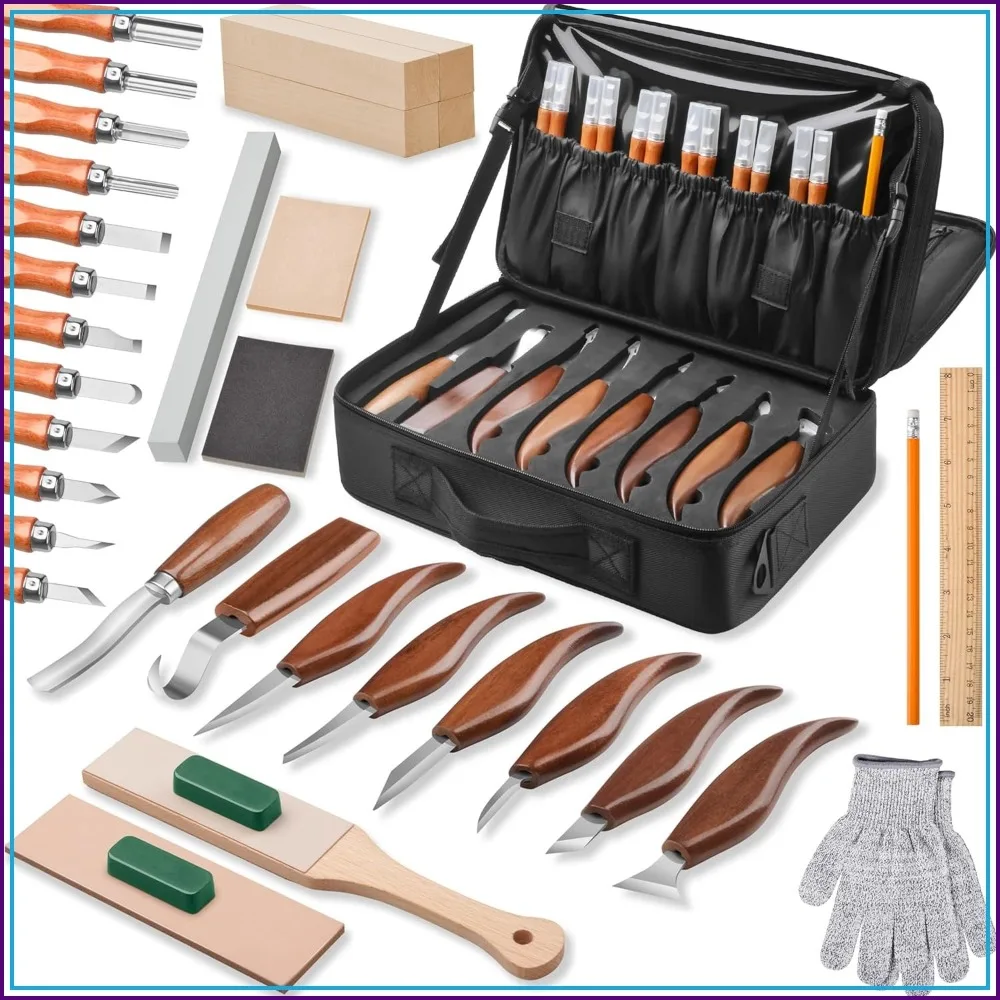 Kit de tallado en madera 35 en 1 para principiantes, juego de cuchillos para tallar con bolsa de almacenamiento, ideal para tallar cucharas y proyectos de bricolaje