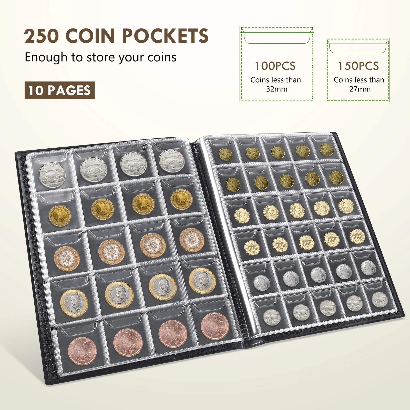 Coin Display Storage Holder for Collectors Commemorative Pockets Collection Holders Premium Coins Album