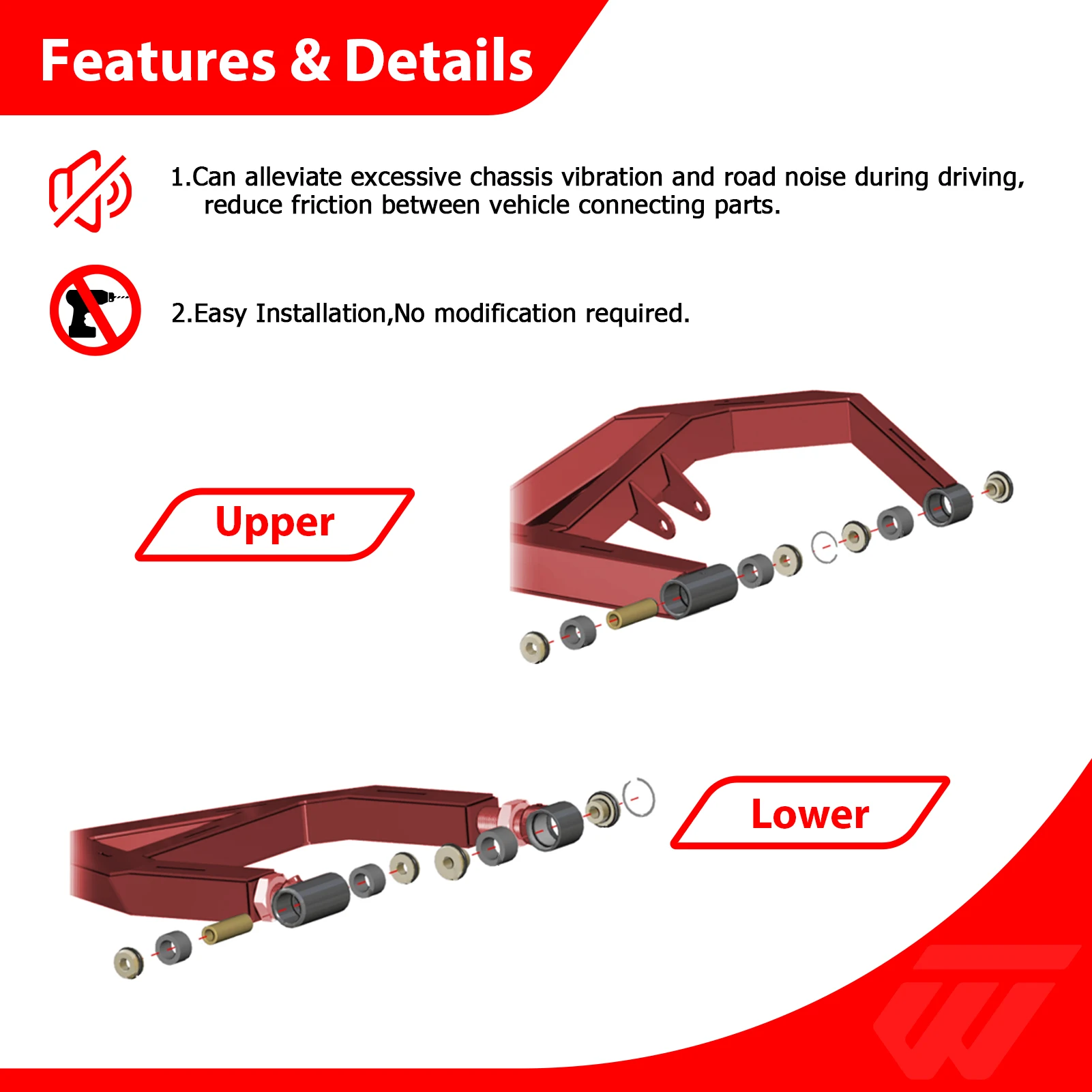 UTV Front A Arm Bushing Kit Heavy Duty UHMW Bushings for Polaris RZR XP 1000 XP 4 1000 2024-2025 Replace 5139966 1543922 5452271