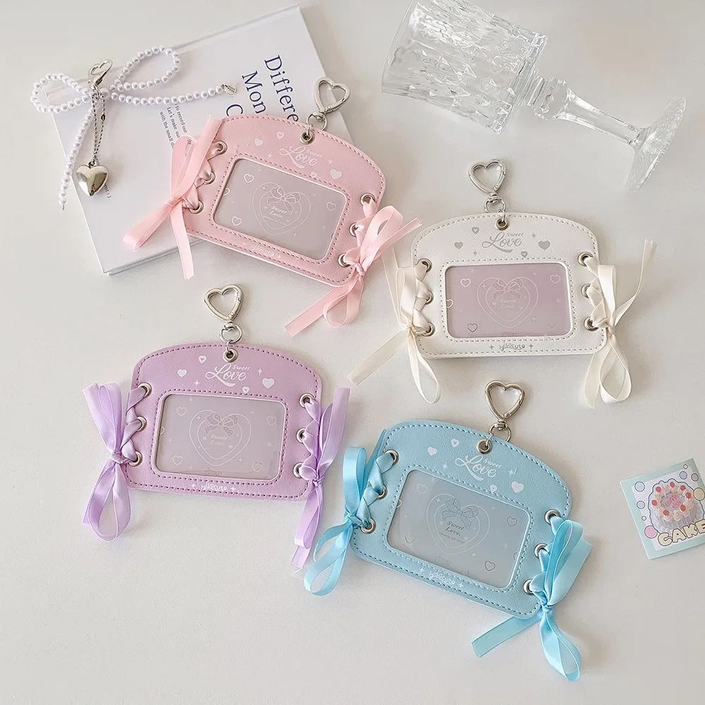 DIY Ballet Ribbon Korean Photocard Holder PU Card Cover With Keychain Idol Card Display Protector Picture Hanging Decoration