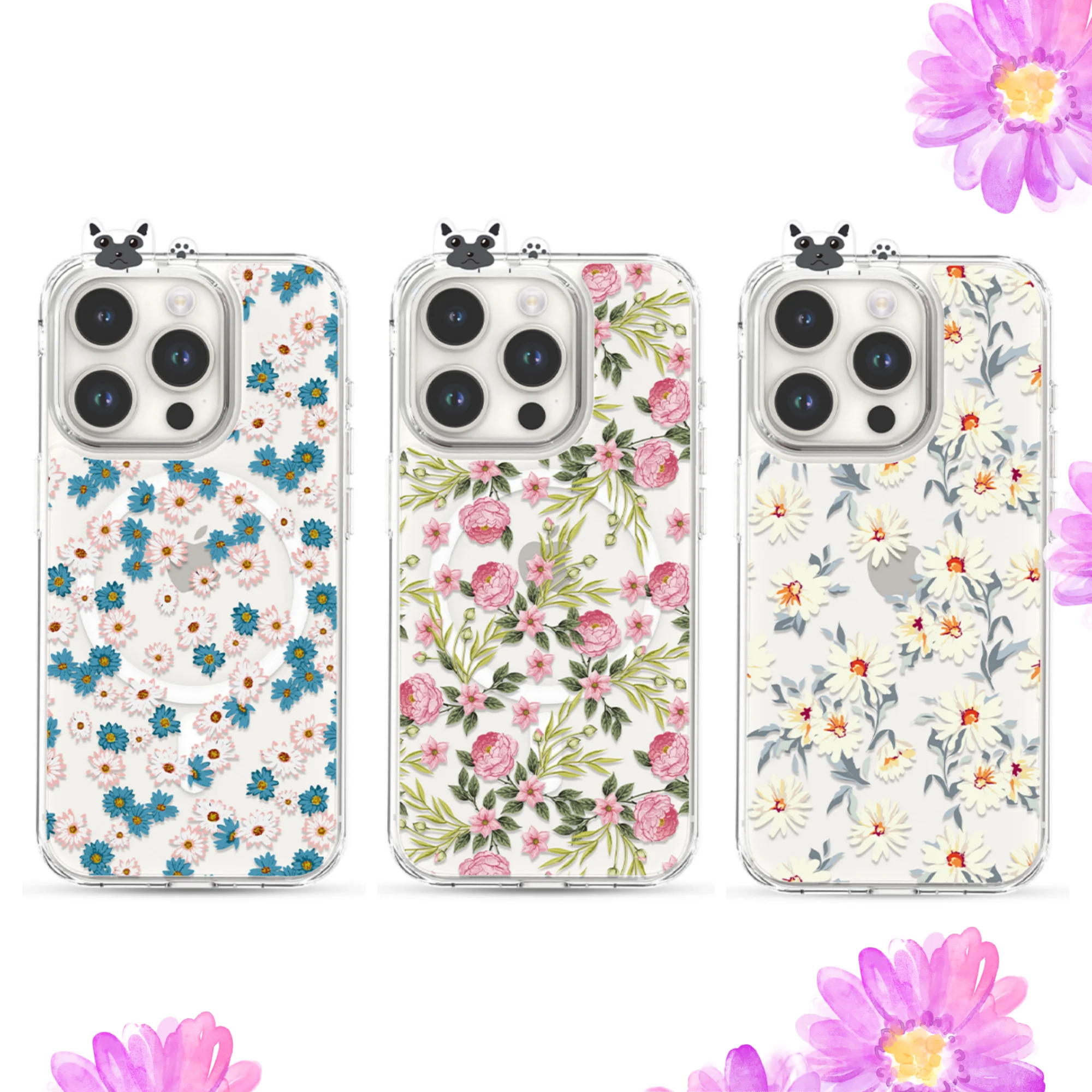 

Cute Flower Magnetic Case for iPhone 15 14 13 Pro Max Compatible with MagSafe, Slim Clear Floral Pattern Phone Cover for Girls