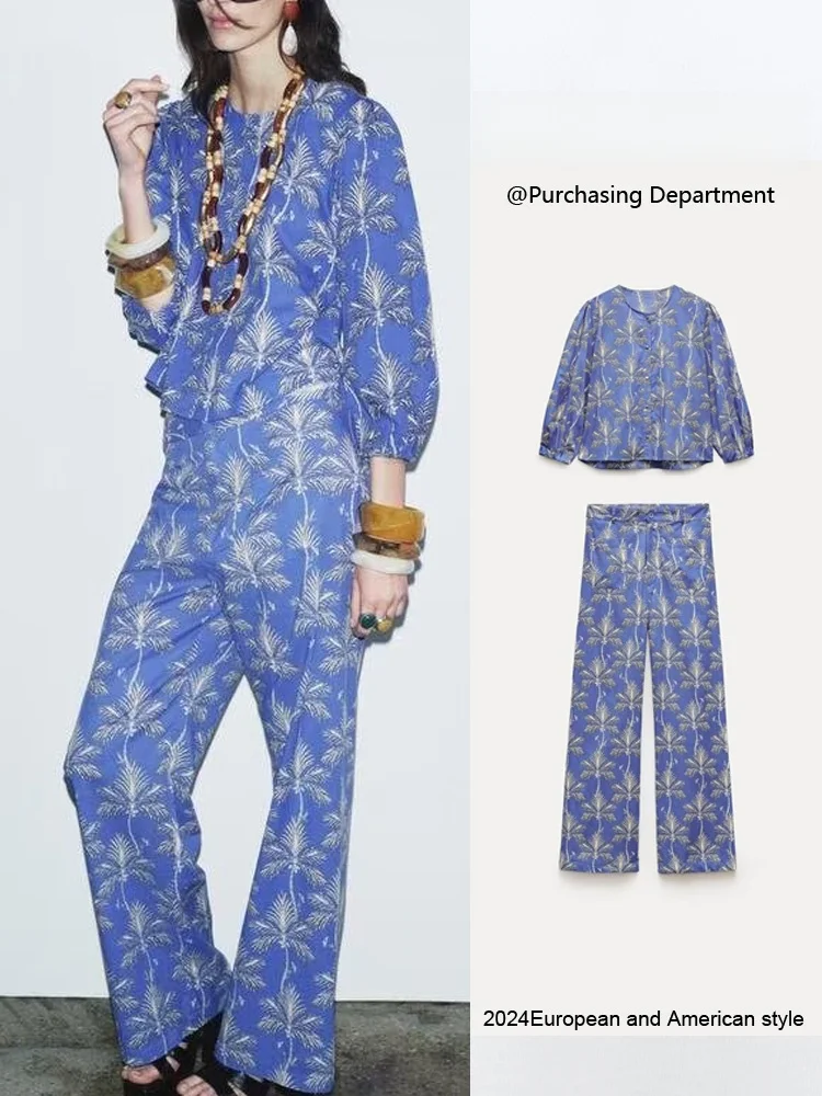 

Spring New Arrival Women's round Ne Printed Long Sve irt And Floral Pants Faionable Casual Outfit for Young Women