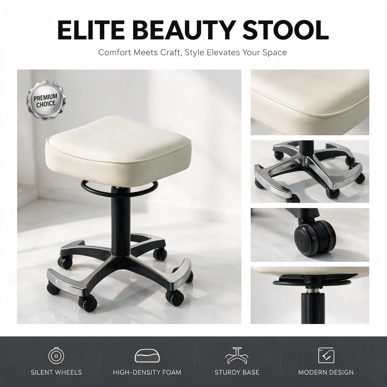 Modern white rolling manicure stool for nail technicians, professional hydraulic beauty stool with upholstered seat and wheels