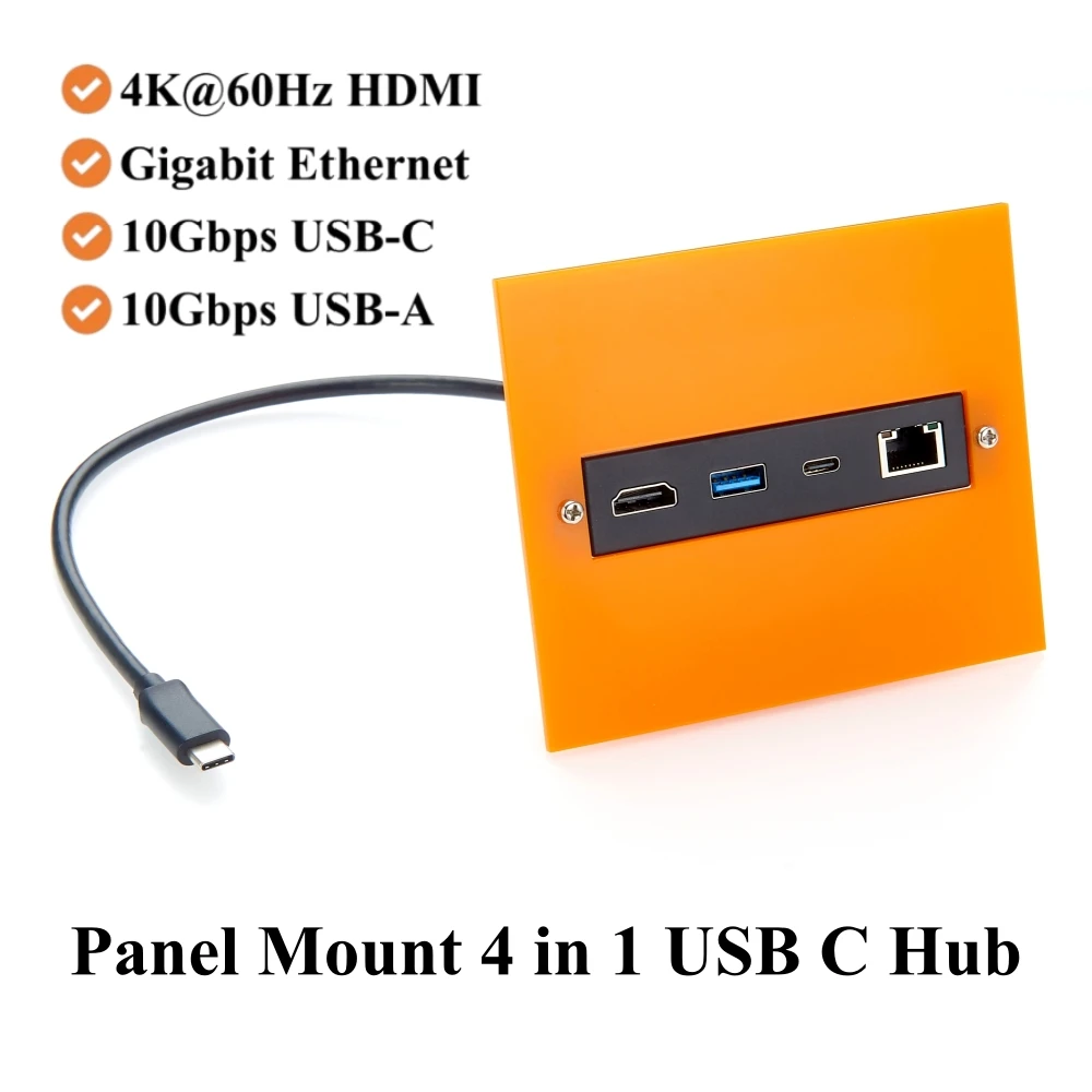 Screw Panel Mount USB C Hub, 4-in-1 Multiport Adapter with 4K@60Hz HDMI, Gigabit Ethernet, 10Gbps USB-C & USB-A Data Ports