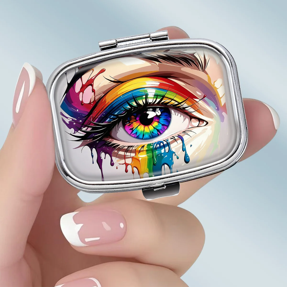 1PC Rainbow Eye Theme Pattern Square 2-Compartment Pill Box - Portable Medicine and Vitamin Storage Box, suitable for hand-carrying or travel use, unique small gift, wallet pill box