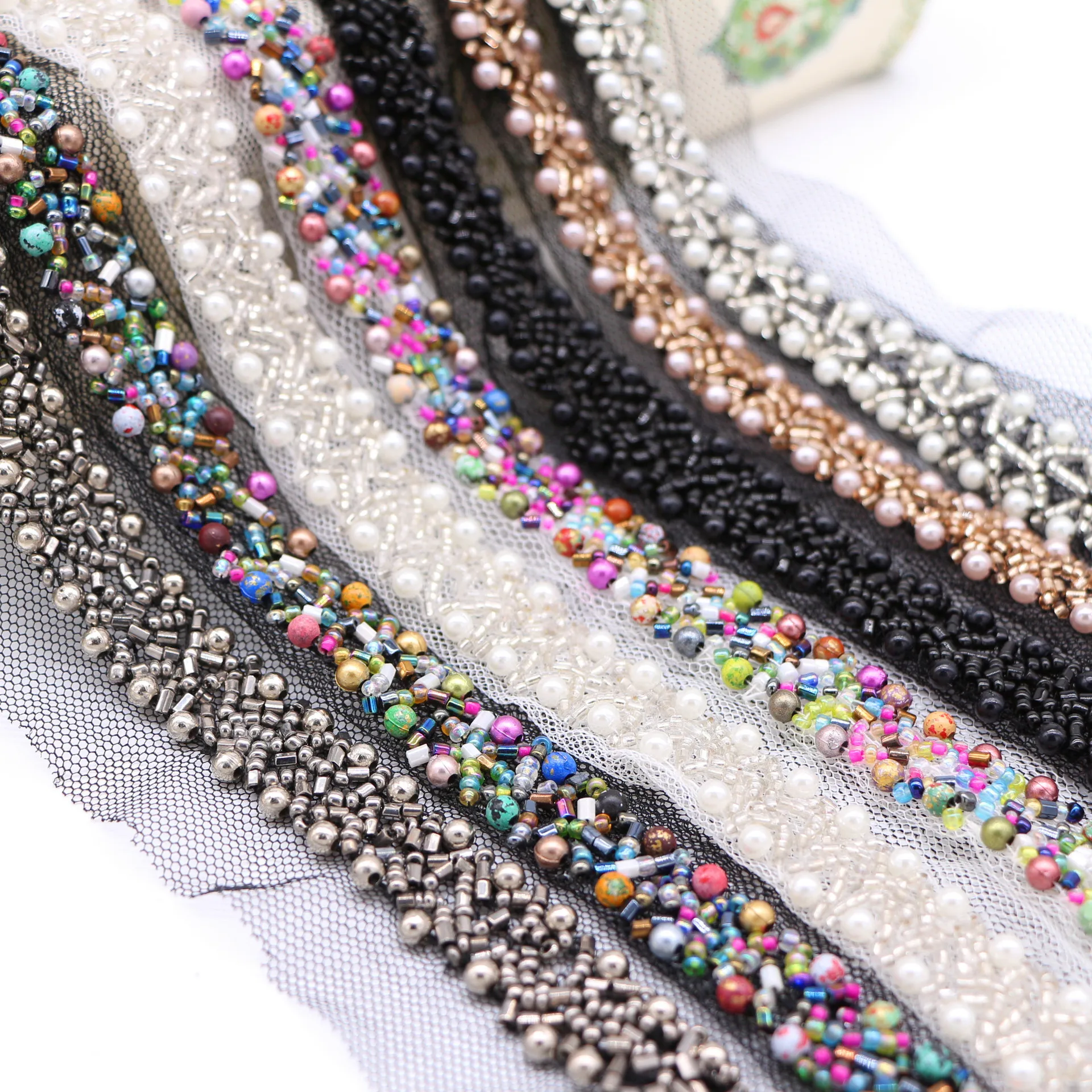 

1.5cm Black and White Champagne Clothing Accessories Hand-hooked Beaded Lace Trim Heavy Duty Handmade DIY Clothing Accessories