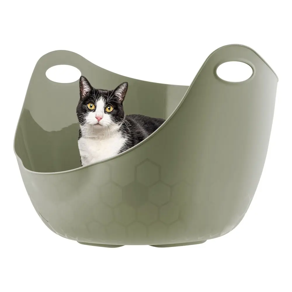 

Cat Litter Box with High Walls and Handles, Made with Flexible Plastic, Sage Green
