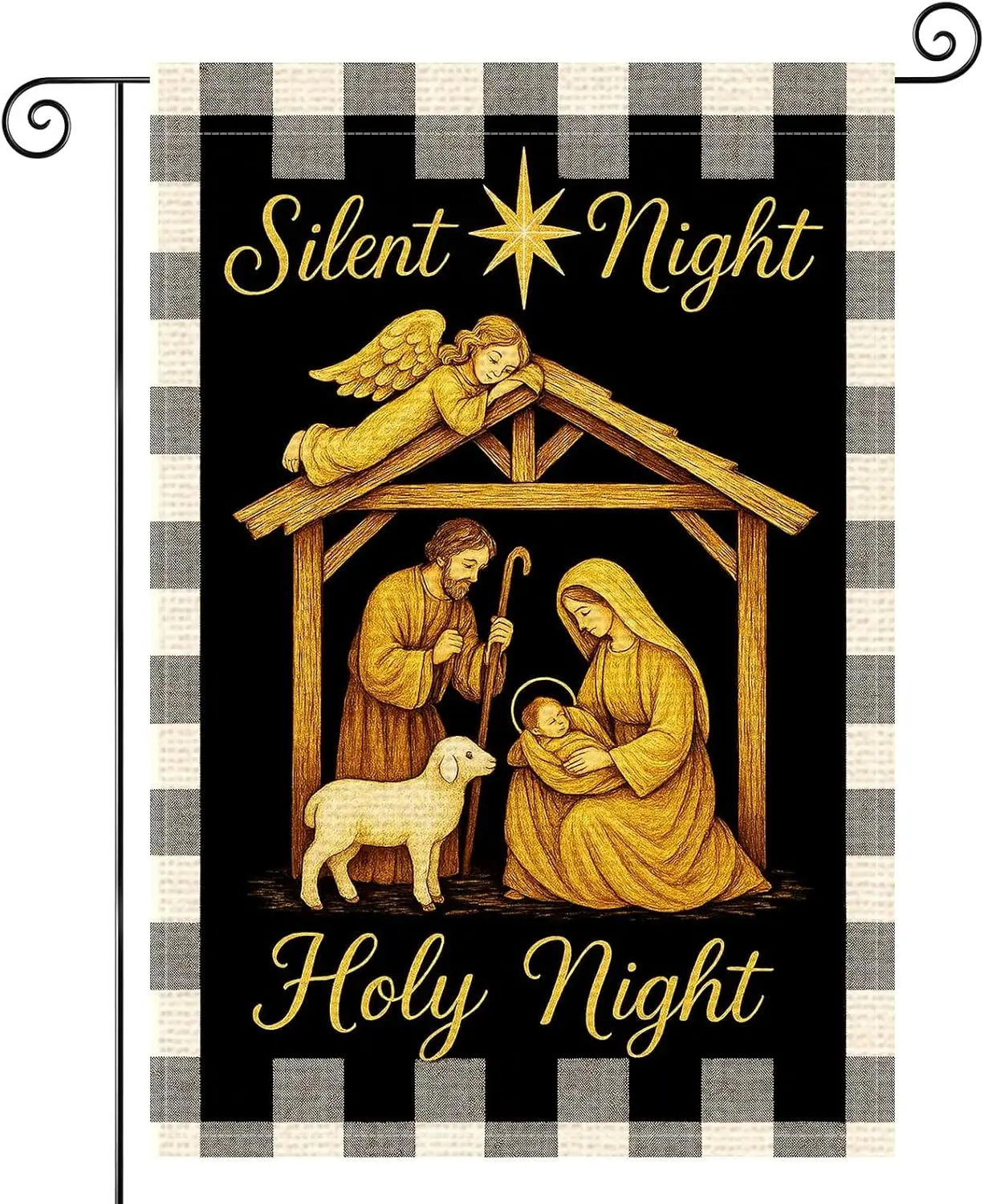 Merry Christmas Garden Flag 12x18 Inch Silent Night Garden Flags Burlap Double-Sided Nativity Holy Night Buffalo Plaid Seaso EEZ