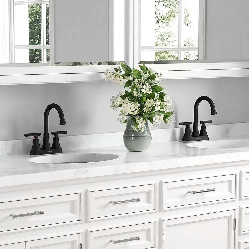 2 عبوة من صنبور حوض الحمام المكون من 4 فتحات باللون الأسود غير اللامع مع استنزاف منبثق وخرطمان، مجموعة مركزية من الفولاذ المقاوم للصدأ خالية من الرصاص للزينة أ #6