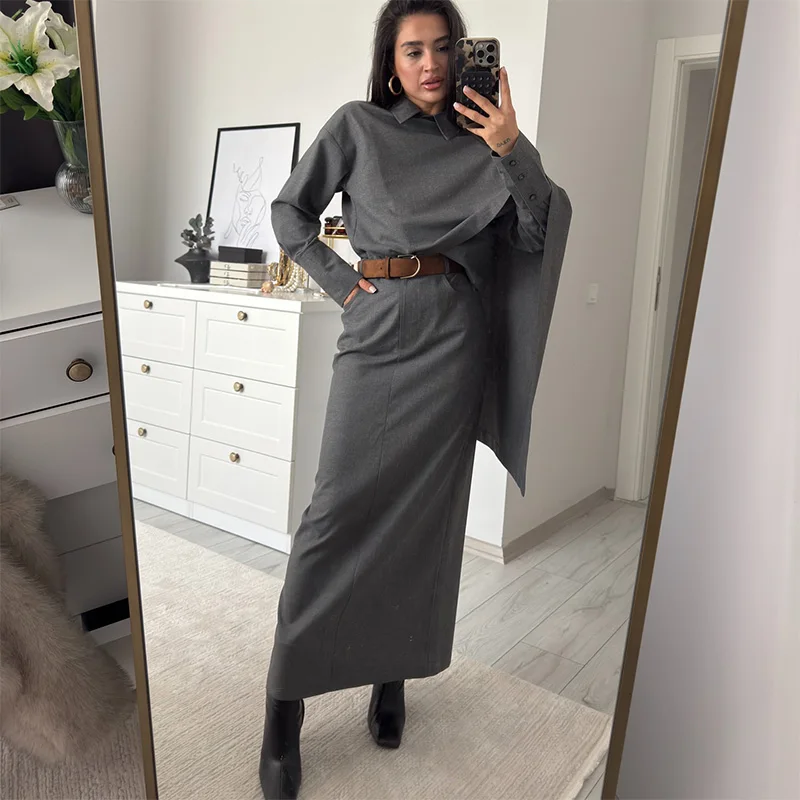 

Новинка 2026: Комплект для женщин — блейзер с воротником-поло, блузка, юбка, шаль, рубашка с длинным рукавом, юбка с низкой талией. Элегантный офисный стиль.