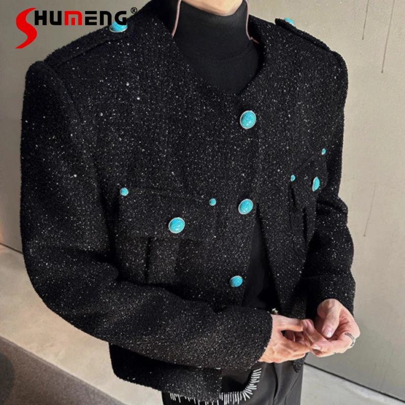 

Мужские шикарные пальто со звездным небом, мужские осенние 2023, новые высококачественные шерстяные куртки с карманами и украшением, модные бирюзовые маленькие ароматные пальто