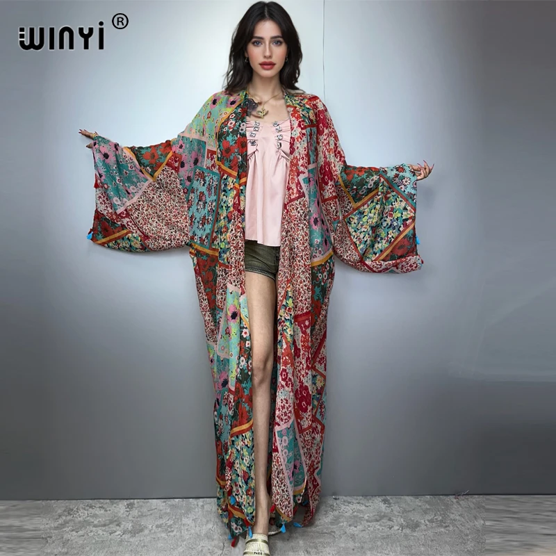 Winyi boêmio quimono impressão casaco feminino solto borlas longo casaco praia férias natação cobrir vestidos de festa luxo dubai abaya