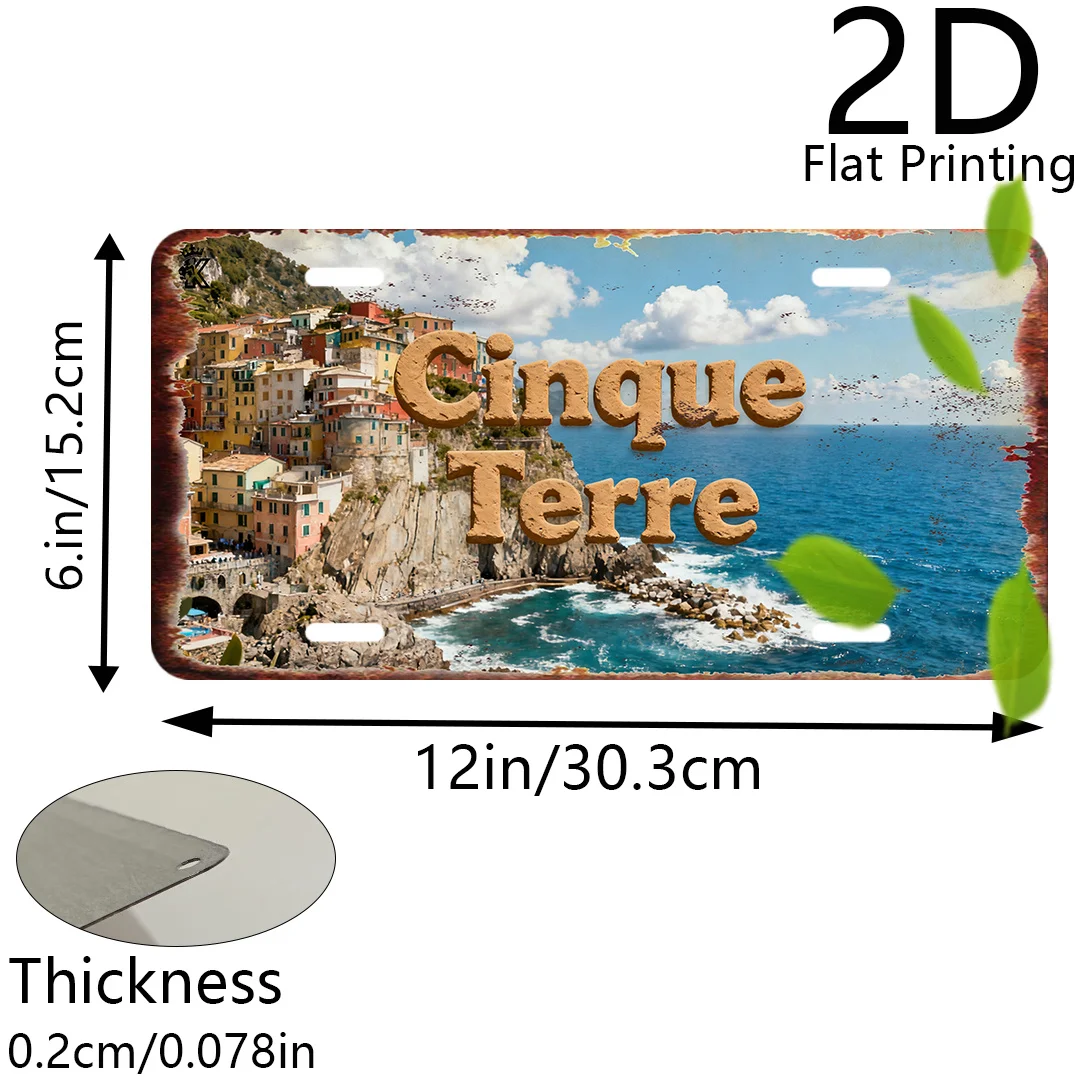 2D Flat, Single Piece Italian Cinque Terre Metal Wall Sign - Sturdy Vintage Plaque Featuring a Mediterranean Village Design (15.
