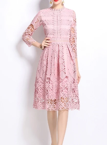 French Elegant O Neck Lace Hook Flower Hollow Dress A-line Long  Sleeve Casual High Waist Vestidos Women Autumn Spring Clothing