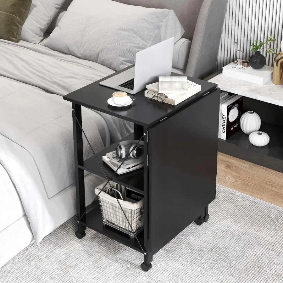 مكتب كمبيوتر قابل للطي بتصميم عصري وأرفف تخزين من طبقتين، محطة عمل محمولة مدمجة للاستخدام المنزلي والمكاتب #4