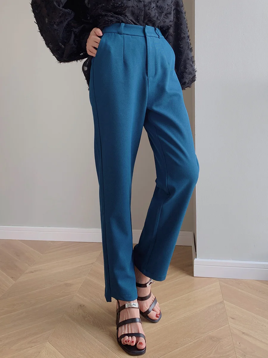 

Duetto High Waist Straight Leg Pants Autumn Season Simple Nine Points Anti-Wrinkle Easy Care Diagonal Stripe Texture Casual T...