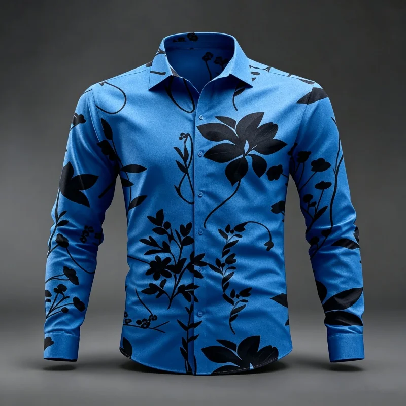 2026  Men's Floral Leaf Print Long Sleeve Shirt Fashion Slim Fit Button Down Casual Blouse Tops