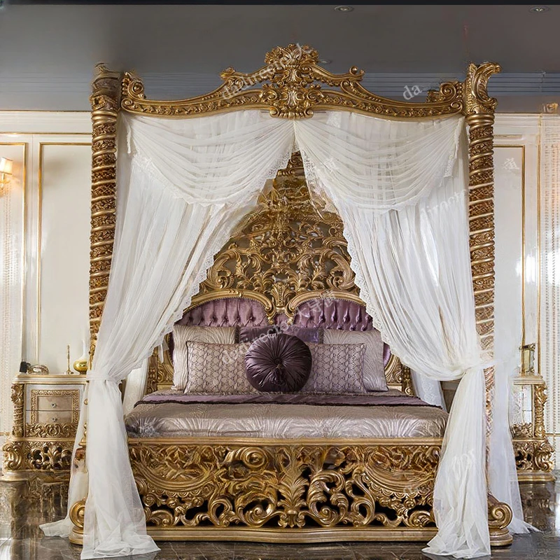 French palace shelf bed villa luxury European solid wood carved wedding bed, princess bed, bedroom 1.8 meters large household