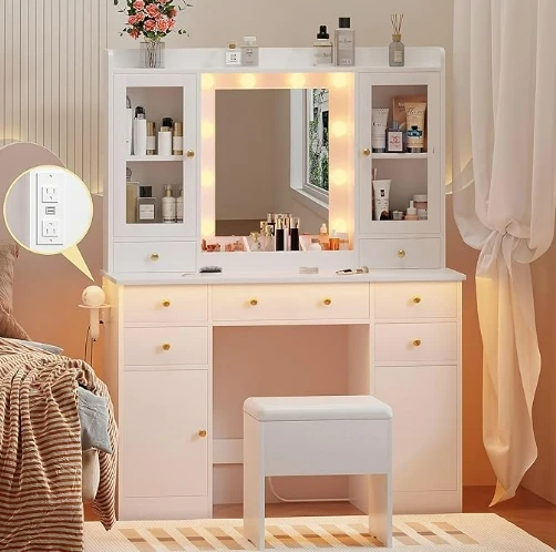 Vanity Desk with Mirror and Lights, Vanity Mirror with Lights Desk and Chair &7 Drawers, Cabinets Makeup Vanity Tablwith Stool