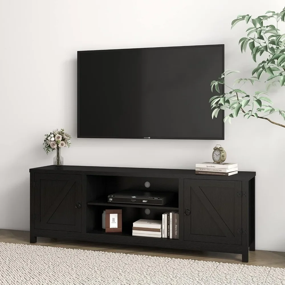 Centre de divertissement pour TV 70 "avec 2 portes et étagères ouvertes, support TV du milieu du siècle, salon et chambre à coucher, noir, 65"