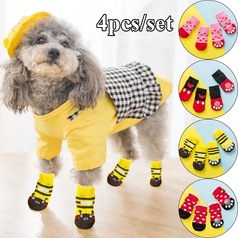 4pcs Warm Anti-Slip Pet Socks Winter Warm Knitted Cartoon Puppy Cats Socks For Small Medium Dogs Paw Protector Pets Accessories