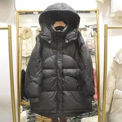 2024 New Women Down Jacket Winter White Duck Down Fashion Loose Hooded Frivolous Down Jacket Female Medium To Long Parker Coat