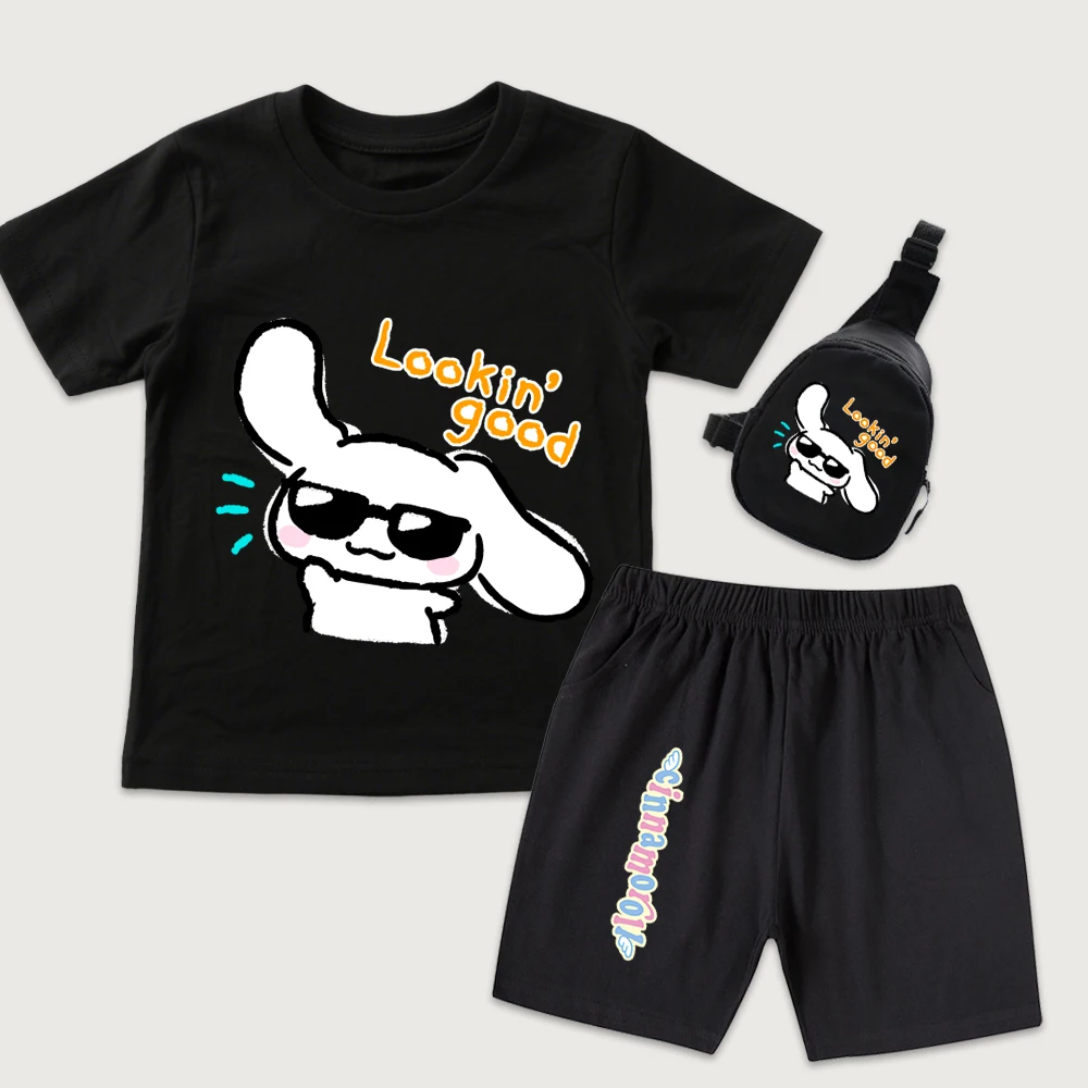 

Детская хлопковая футболка с принтом Cinnamoroll Lookin Good, шорты, мини-сумка на грудь, комплект из 3 предметов, повседневная летняя одежда для мальчиков и девочек