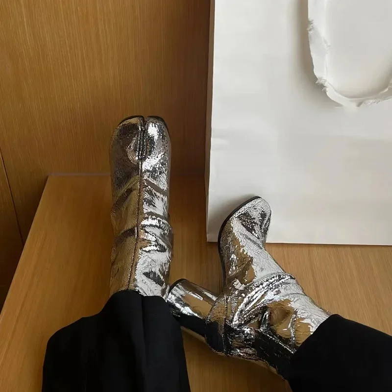 2024 Broken Mirror Silver Split Toe Tabi Shoes Genuine Leaher Ankle Boots for Women Luxury Brand Designer Chunky Heels Booties