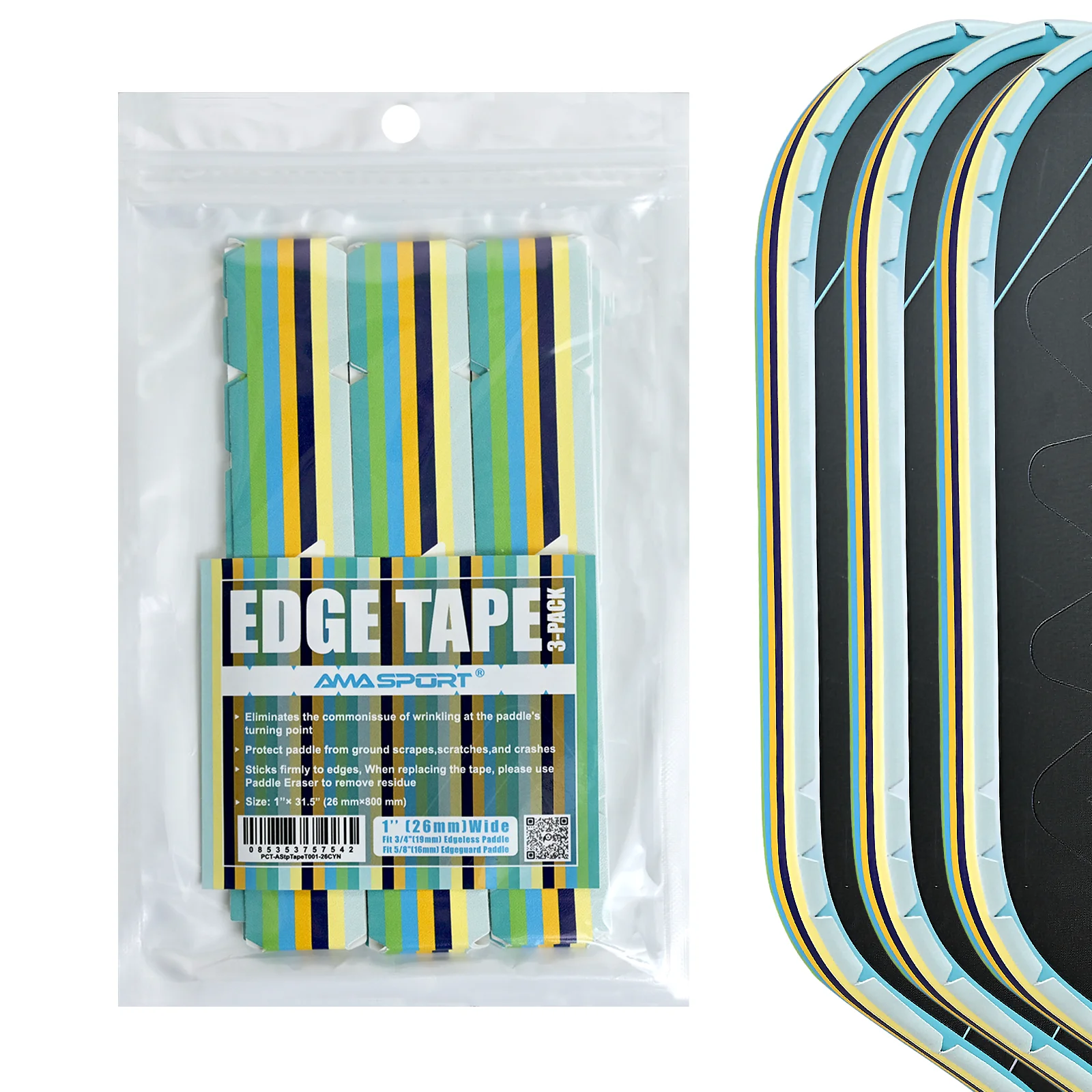 AMA SPORT Stripes Pickleball Paddle Edge Guard Tape منحني تمامًا مناسب لحماية جميع حواف السماكة ملحقات Padel