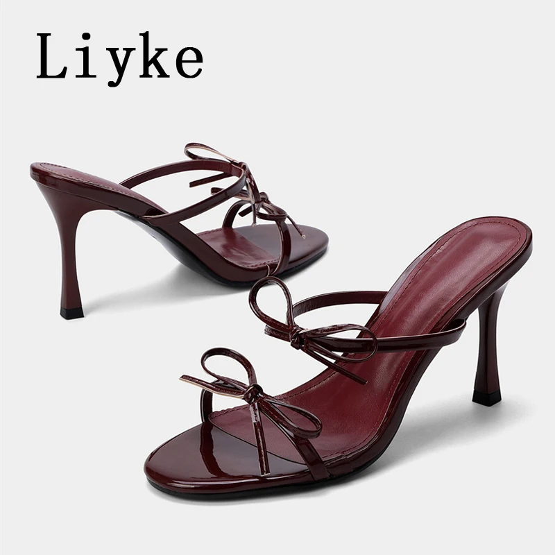 

Liyke Summer Street Sexy Thin High Heels Party Modern Slippers For Women Mules Slides Shoes Fashion Butterfly Knot Design Sandal