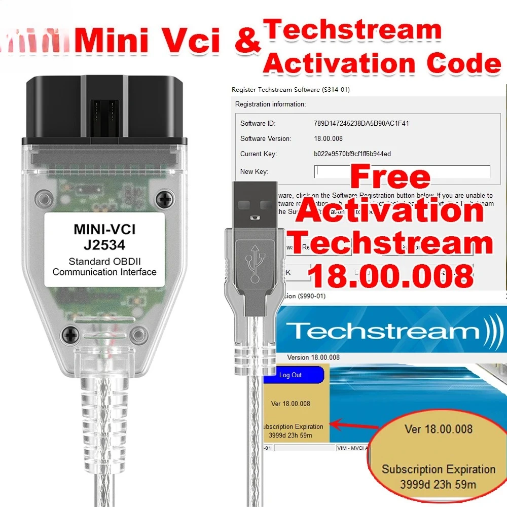 V18.00.008 Code Mini Vci For Toyota TIS Techstream Activation Code FTDI J2534 OBD2 Car Diagnostic Cable for Toyota/Lexus 2023