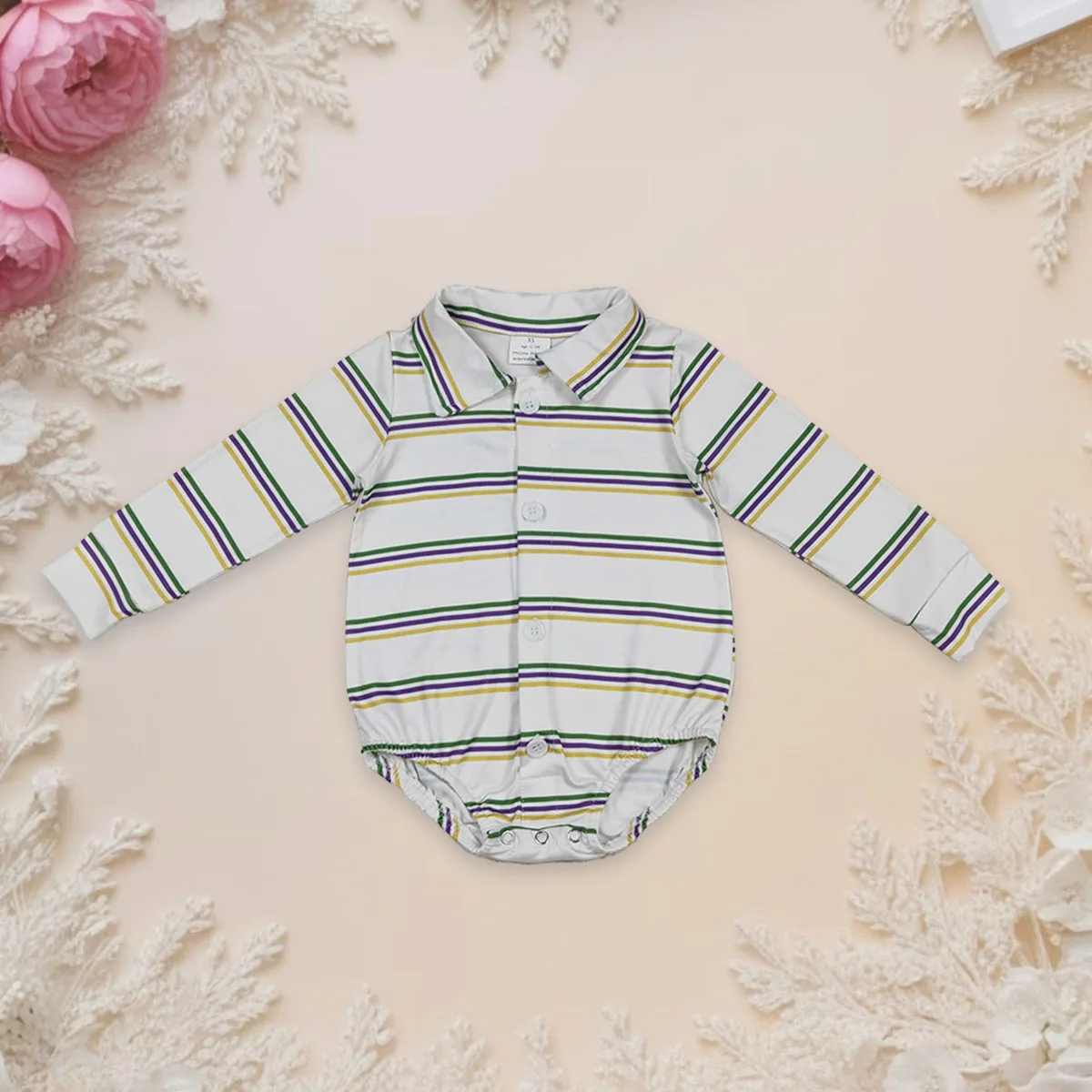 

Newborn Baby Girl Long Sleeve Mardi Gras Stripe Button up Bubbles Romper Jumpsuit Soft Kids Toddler Infant Oneises Wholesale