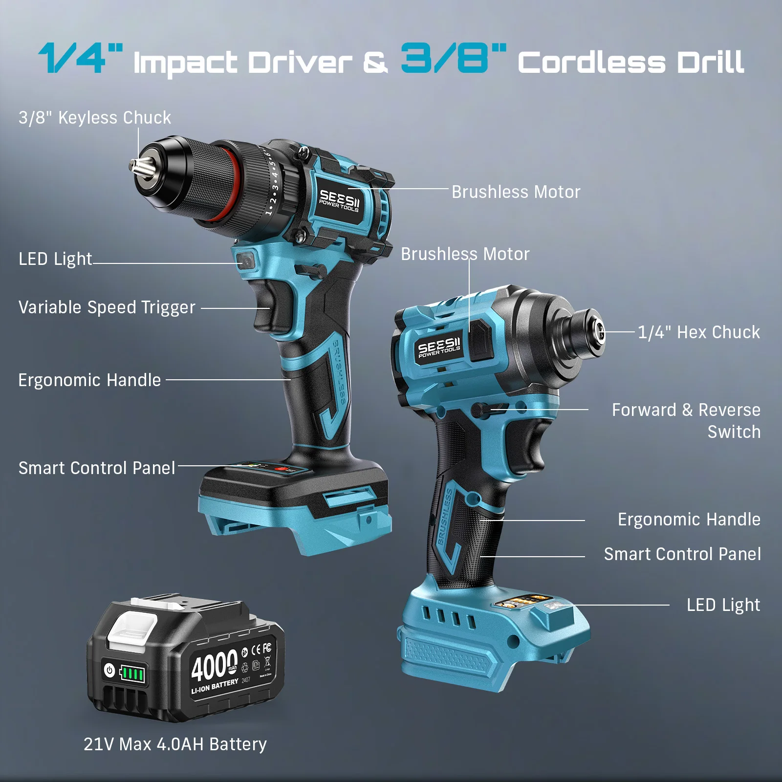 SEESII QH220/WH045 Cordless Drill & Impact Driver 21V Electric Brushless Drill Impact Wrench Variable Speed Screwdriver Battery Powered Tool Kit with 2x4.0Ah Batteries LED Light