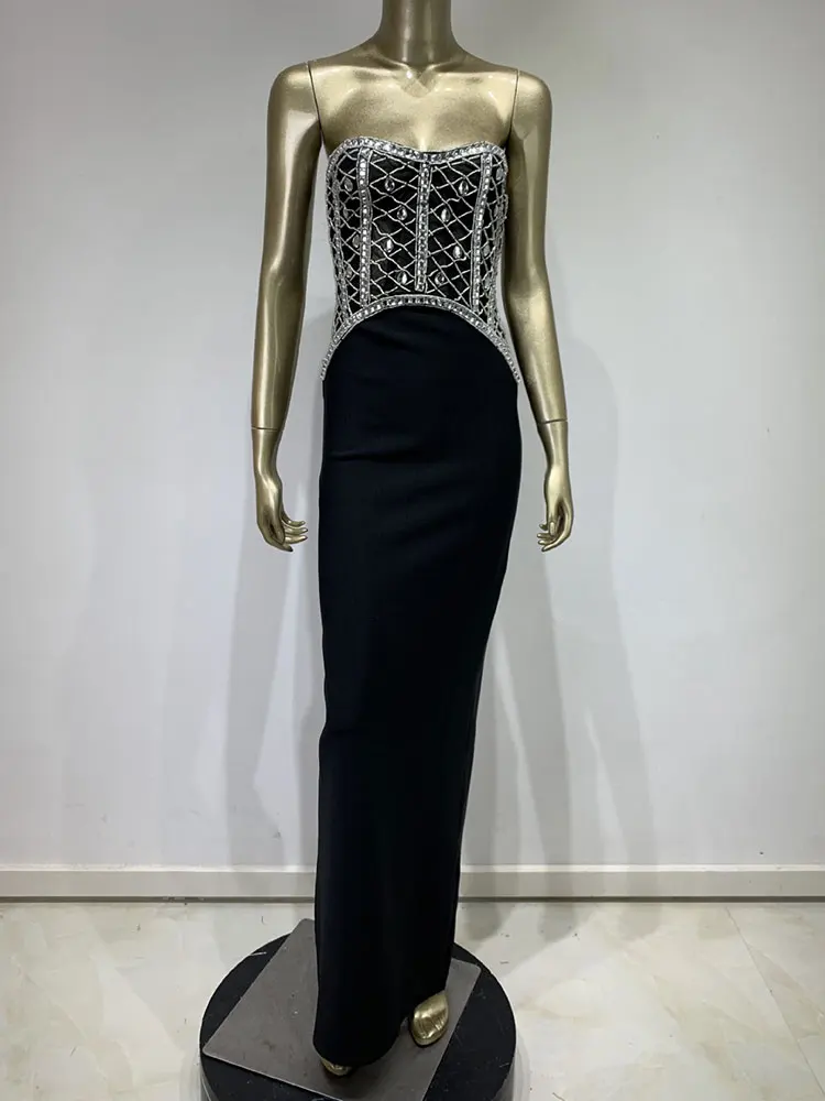 Vestido largo sin tirantes con diseño de diamantes para mujer, ropa Sexy sin mangas, Bodycon con espalda descubierta, Vestido de fiesta de noche de cóctel