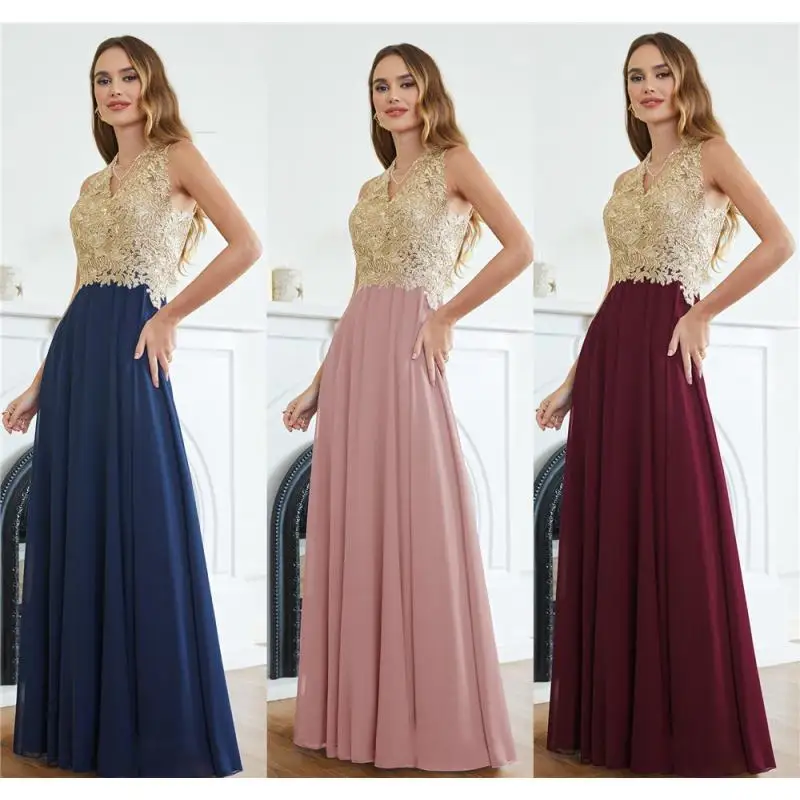 Hot Sale Elegant V-Neck Sleelvess A Line Sparking Gold Appqulies Prom Formal Dresses Women Chiffon Gown Wedding Party Evening