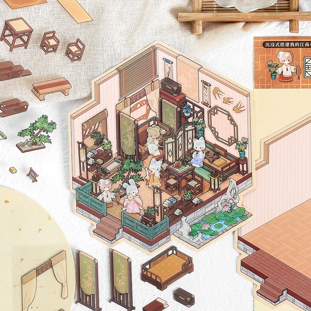 Paket Stiker Adegan 3D Mini Stiker Adegan Belajar Kolam Halaman Tiongkok Retro Hewan Kartun Kawill Stiker Adegan DIY