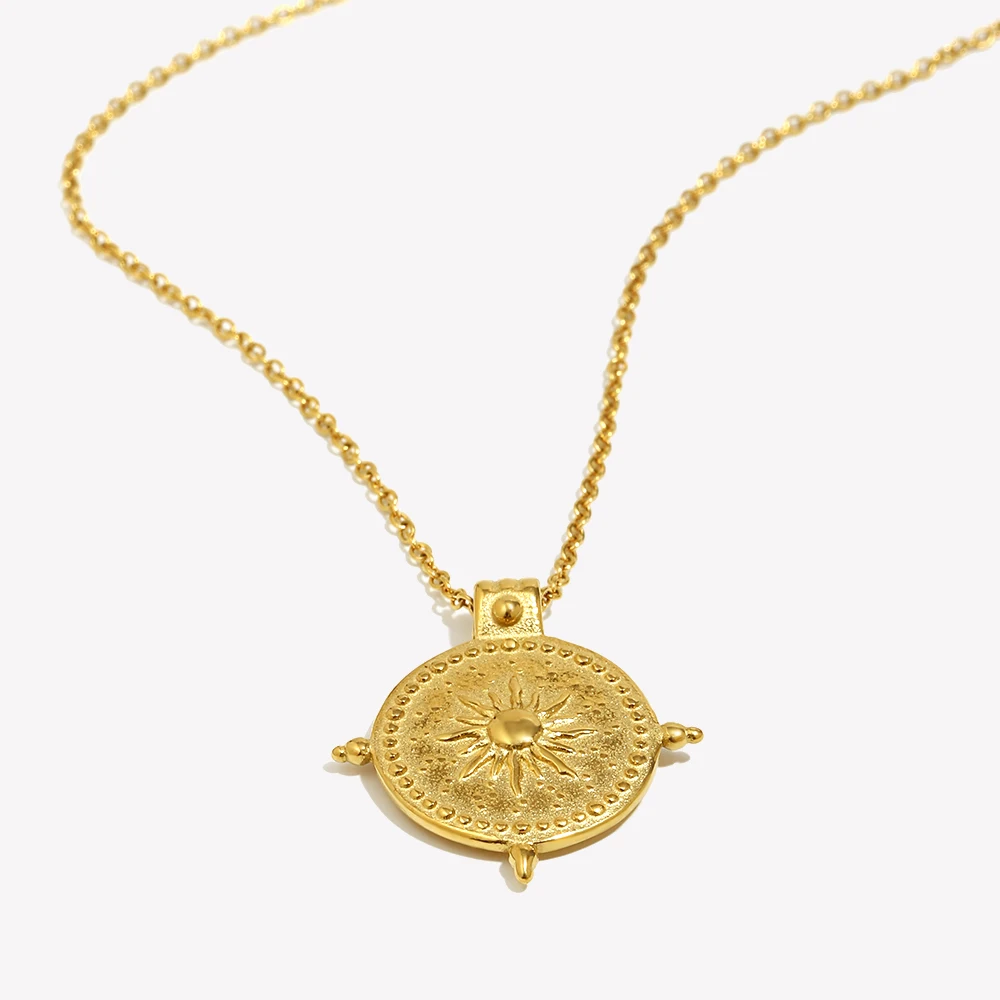 E.B.belle Frosted Surface Acient Sun Compass Pendant Necklace For Woman Ladies New Stee PVD Plated Coin Necklace Gold Jewelry