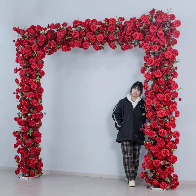 

240CM Artificial Red Rose Iron Square Arch Decoration Silk Flower Wedding Stage Background Arrangement Flower Arrangement