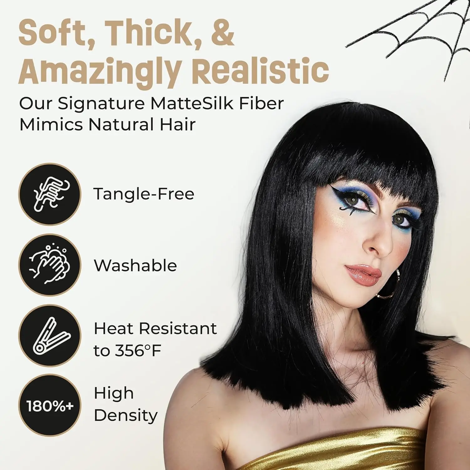 باروكة كليوباترا صناعية سوداء طويلة مستقيمة مع عصابة رأس مصرية ذهبية على شكل ثعبان آلهة شعر مستعار بوب للنساء في الهالوين