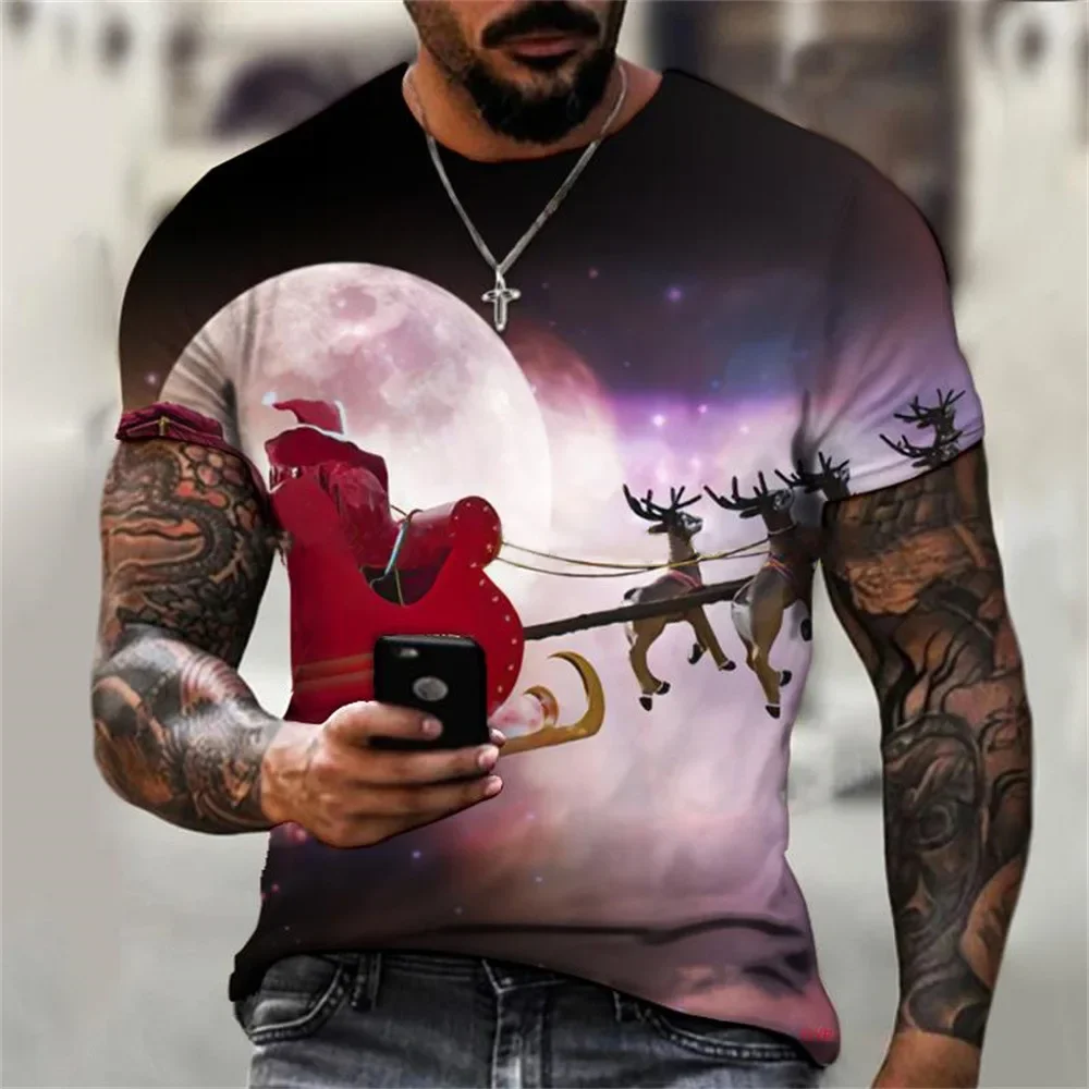 Christmas Men Summer 3D Elk Printed T Shirts Casual Tee Oversized T-shirt Women Short Sleeve Holiday Clothing Breathable Tops