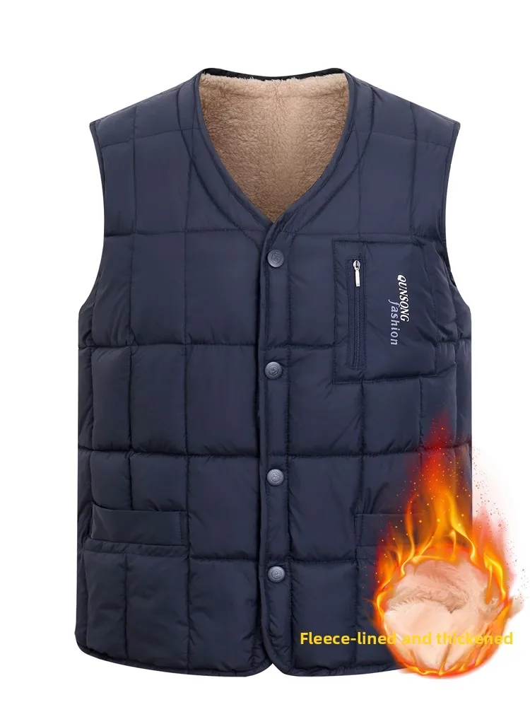 

New Men's down Cotton Vest Thiened Warmth Fathers' Sle Autumn Winter Cold Resistance V-ne Busin Casual Pure Color