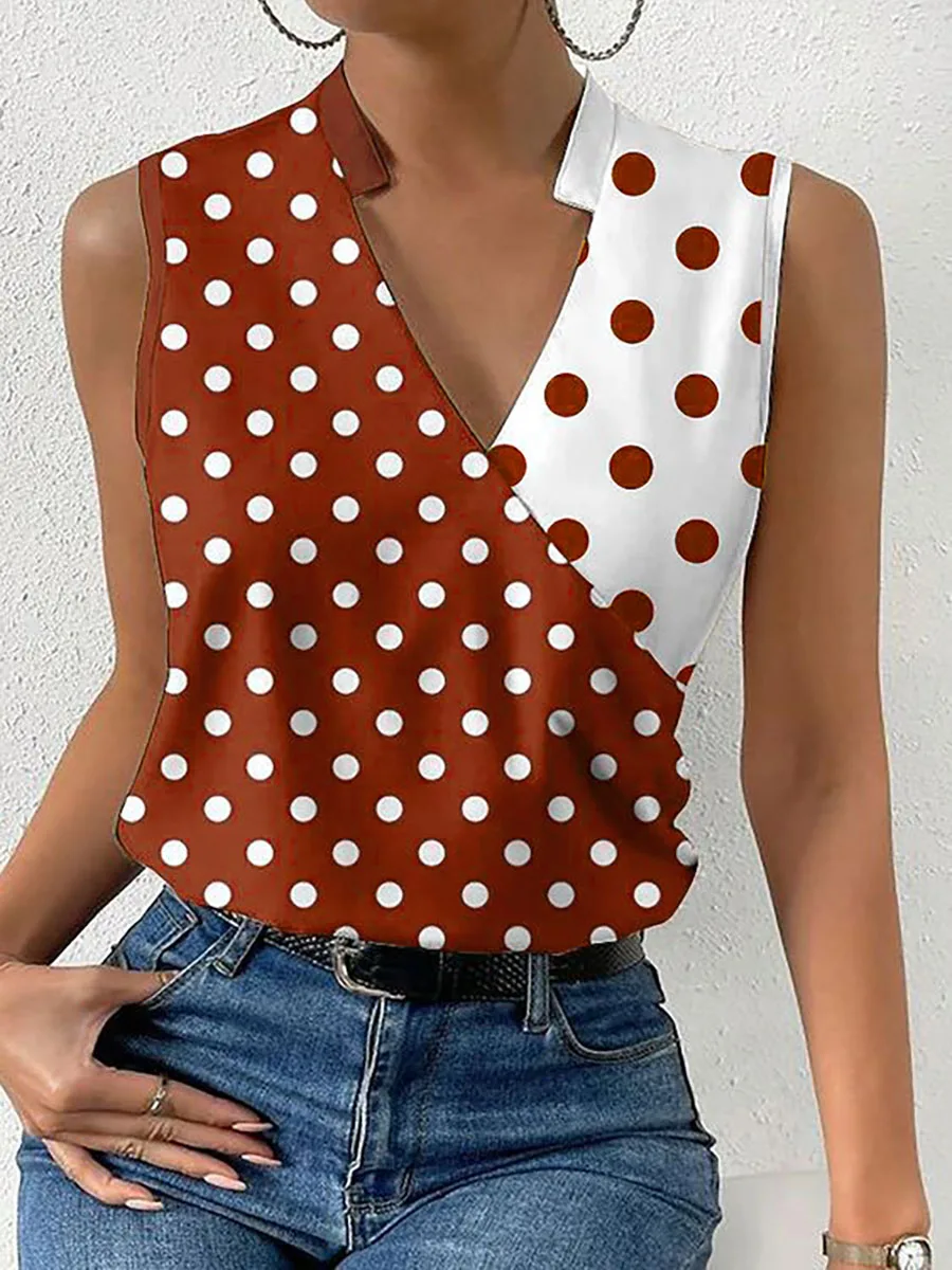 Women's Fashion Tank Top Spring Summer Brown White Polka Dot Print V Neck Top Wrap Front Valentine's Day Retro Casual Daily Top