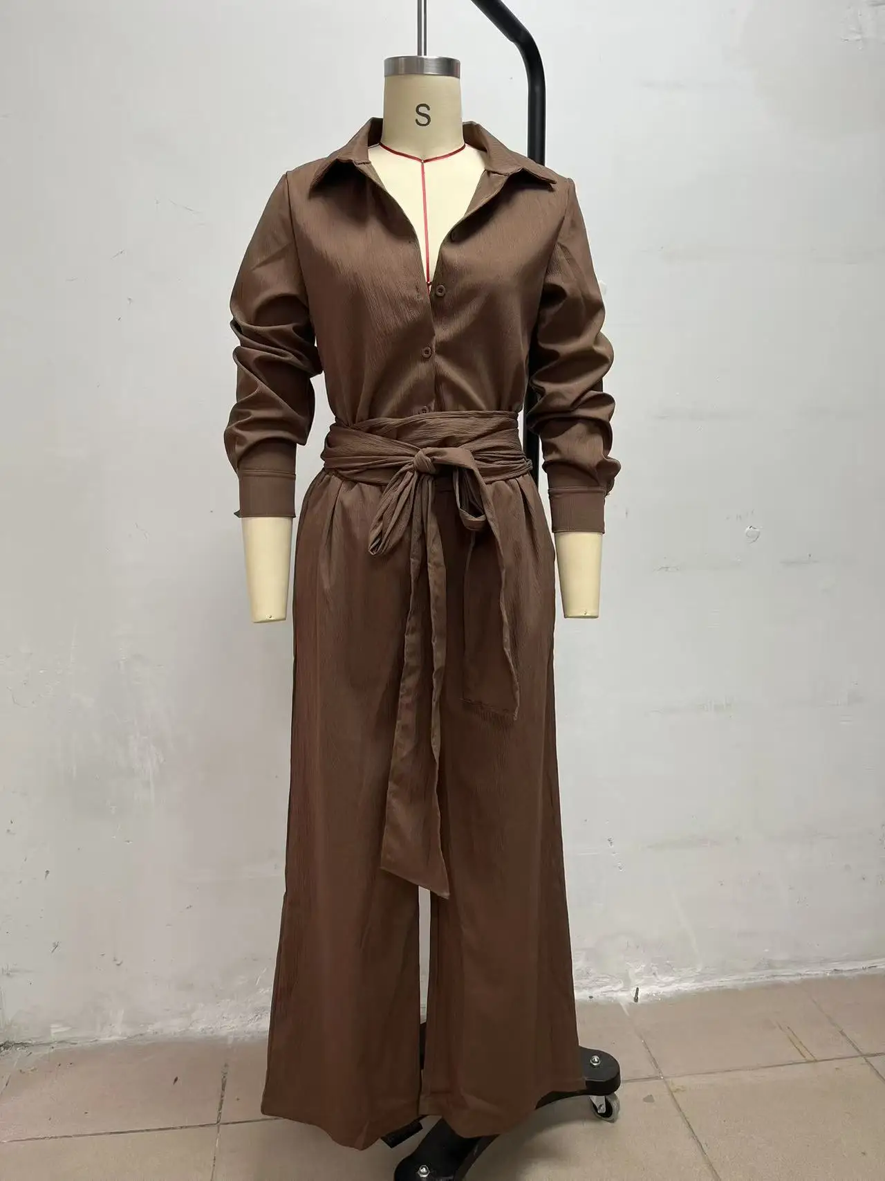 Women Brown Jumpsuit  Outfit Lapel Long Sleeve Button Shirt High Waist Belt Tie Wide Leg Pants Elegant Office Vacation Jumpsuits view 4