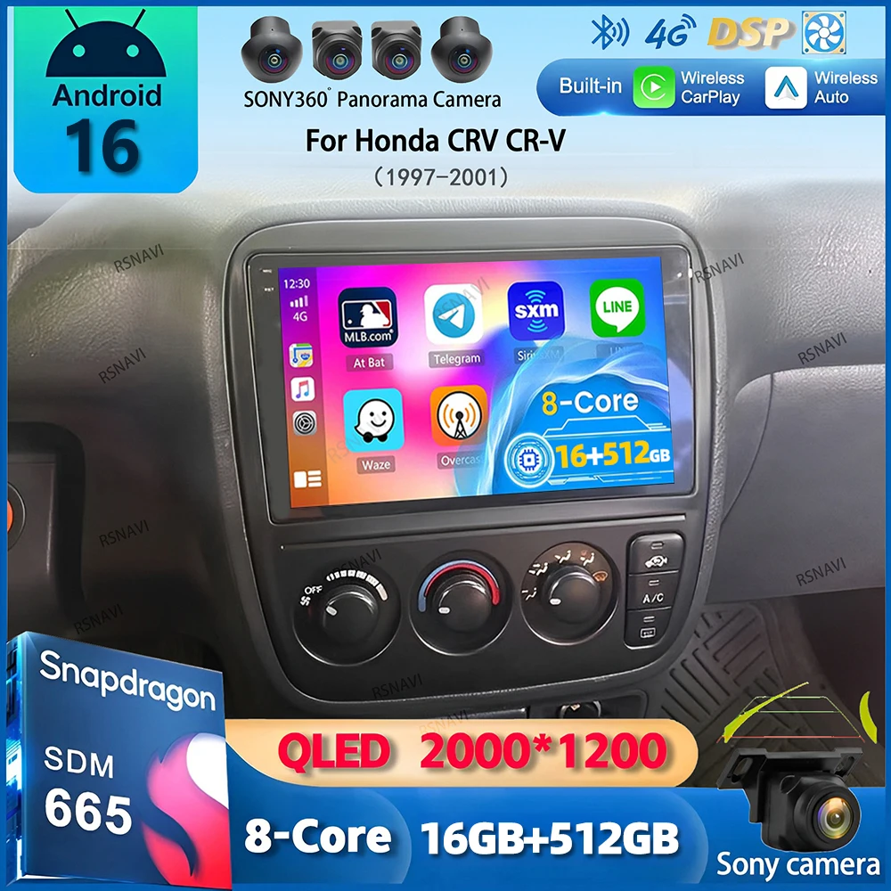 Rádio Automotivo Android 16 Carplay para Honda CRV CR-V 1997-2001, Reprodutor de Vídeo Multimídia, Navegação GPS, Autoradio Estéreo 2 Din DSP
